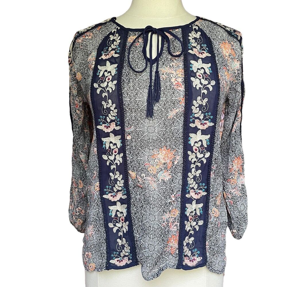 Lucky Brand Floral Embroidered Peasant Top‎ Sz XS Boho Hippie Blouse Black Multi
